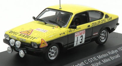 Modèle réduit de voiture de rallye Opel Kadett C GT/E jaune et noir avec autocollants Mintex 13, disponible sur Vroomi