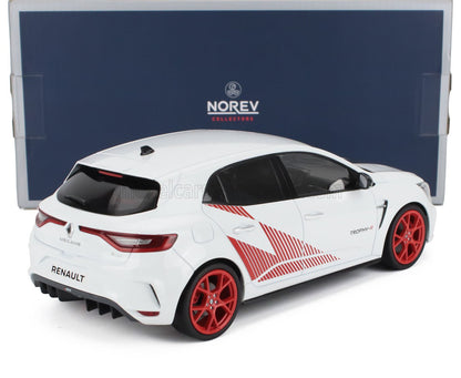 Modèle réduit Renault Megane Trophy-R blanc avec roues et autocollants rouges, présenté dans son coffret collector Norev, disponible sur Vroomi.