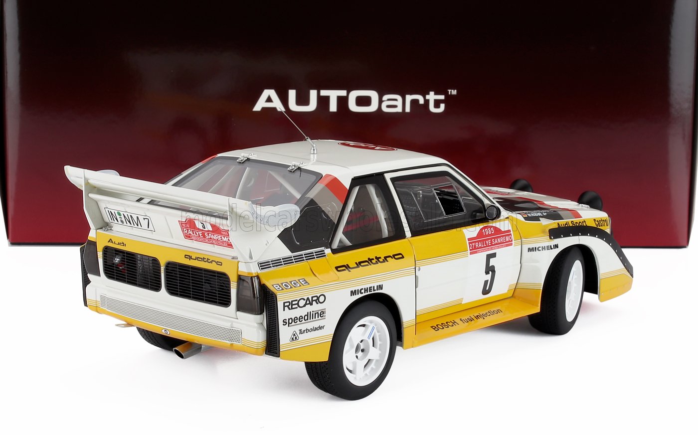AUDI - QUATTRO SPORT E2 S1 (version nuit) N 5 VAINQUEUR DU RALLYE DE SANREMO 1985 W.ROHRL - C.GEISTDORFER - JAUNE BLANC ROUGE - Vroomi