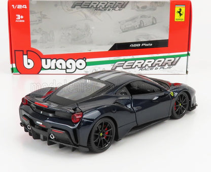 Modèle réduit Ferrari 488 Pista à l'échelle 1/24 de Black Burago avec étriers de frein rouges, présenté dans son emballage d'origine, disponible sur Vroomi.