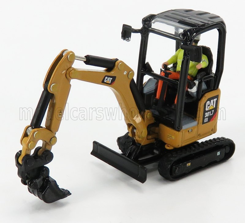 Modèle réduit détaillé de mini-pelle CAT 301.7 avec figurine d'opérateur, jouet de construction compact sur chenilles désormais disponible sur la plateforme Vroomi.