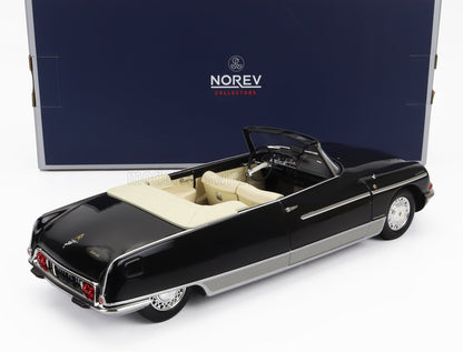 Modèle réduit Citroën DS Cabriolet à l'échelle 1:18, noir et beige, par Norev, avec intérieur détaillé, disponible sur Vroomi.