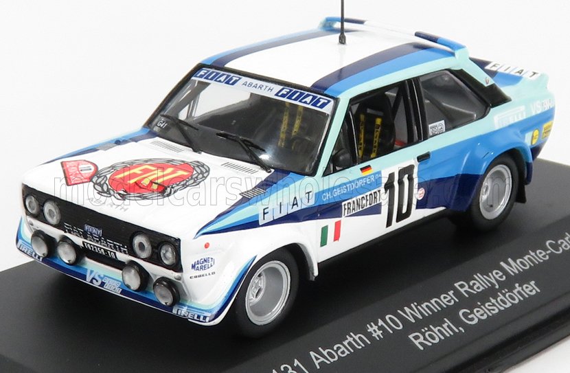 Modèle réduit de voiture de rallye Fiat 131 Abarth avec le numéro 10, livrée bleue et blanche, disponible chez Vroomi.