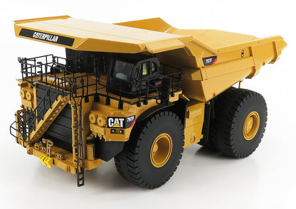 Modèle réduit de camion minier Caterpillar CAT 797F jaune avec garde-corps noir, disponible via Vroomi.