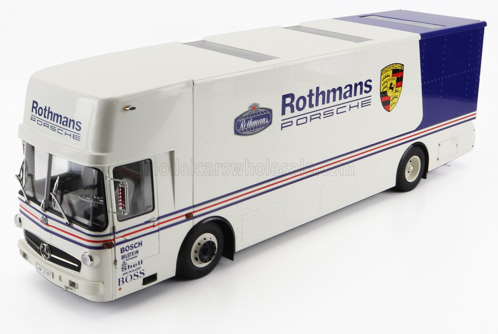 MERCEDES BENZ - CAMION PORTE-VOITURES O317 PORSCHE ROTHMANS 1984 - BLANC BLEU - Vroomi