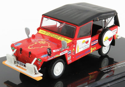 Modèle Citroën 4x4 vintage rouge avec toit noir, roues blanches, autocollants rallye, disponible via la plateforme Vroomi.