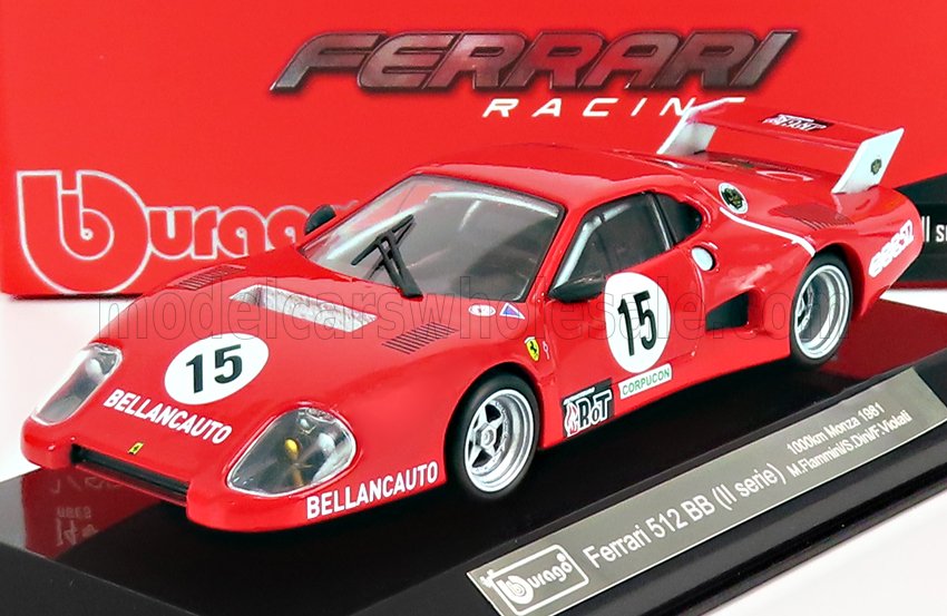 Modèle réduit de voiture de course Ferrari 512 BB II rouge avec le numéro 15, logos détaillés et socle d'exposition, désormais disponible sur Vroomi.