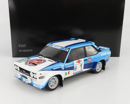 Modèle réduit de voiture de rallye Fiat 131 Abarth bleue et blanche avec autocollants des sponsors, disponible sur Vroomi.