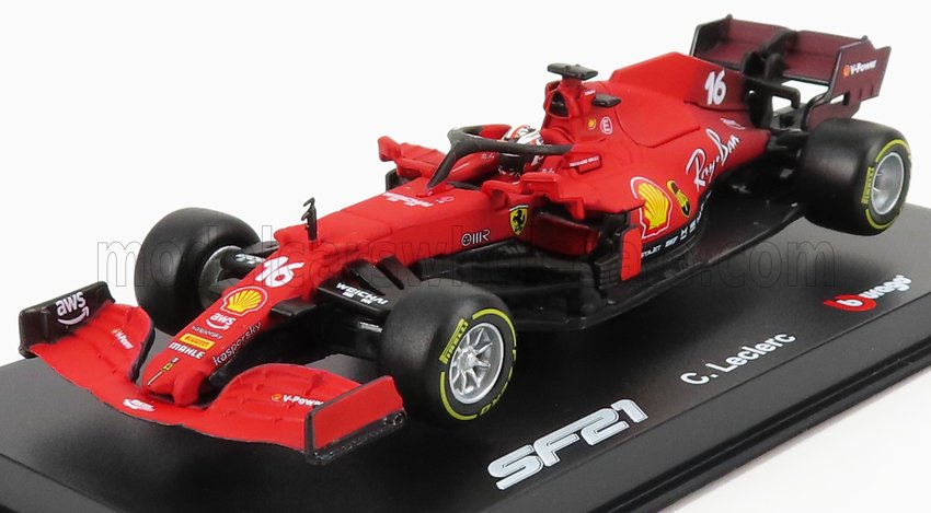 Modèle réduit de voiture de Formule 1 Ferrari SF21 rouge avec le logo Charles Leclerc, présenté sur un socle, disponible sur Vroomi.