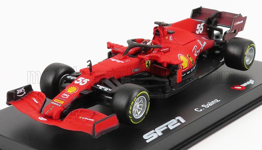 Modèle réduit de voiture de Formule 1 Ferrari SF21 rouge avec logos des sponsors et numéro 55, représentant C. Sainz, disponible sur Vroomi.