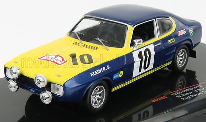 Modèle réduit de voiture de rallye Ford Capri RS2600 avec livrée bleue et jaune, numéro 10, désormais disponible sur Vroomi