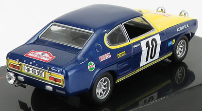 Modèle réduit de Ford Capri bleu et jaune avec décalcomanies de course et numéro 10, proposé sur Vroomi.