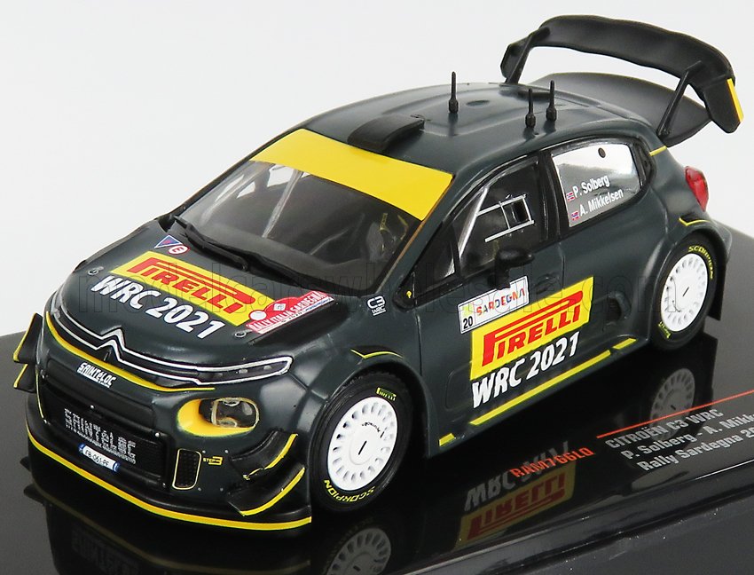 Modèle réduit de voiture de rallye Citroën C3 WRC 2021 à l'échelle 1/43, disponible pour les collectionneurs chez Vroomi.