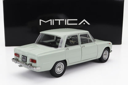 Modèle réduit vintage Alfa Romeo Giulia vert clair avec plaque d'immatriculation noire, présenté dans son coffret MITICA, proposé sur Vroomi.