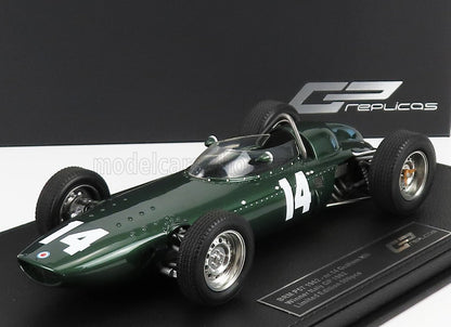 Modèle réduit vintage vert de la voiture de course BRM P57 numéro 14 sur socle d'exposition, proposé par Vroomi.