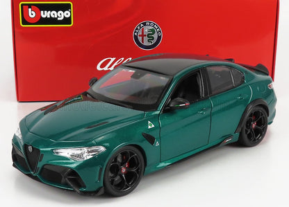 Modèle réduit Alfa Romeo vert de Bburago avec roues et toit noirs, présenté dans une boîte Alfa Romeo rouge, disponible sur Vroomi.