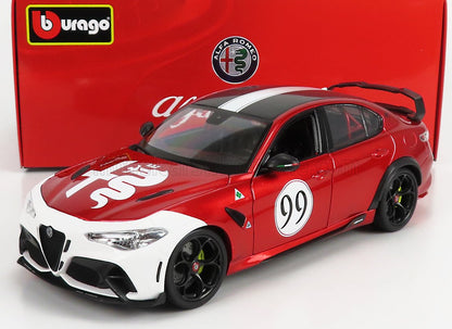 Modèle réduit Bburago Alfa Romeo Giulia rouge et blanc à l'échelle 1:24 avec le numéro 99, disponible sur Vroomi.