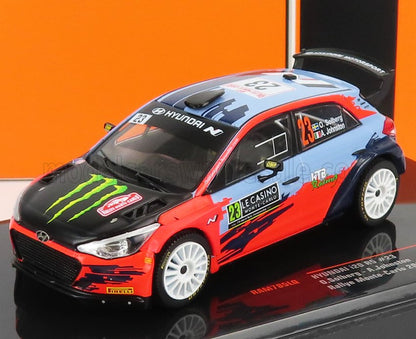 Modèle réduit de la voiture de rallye Hyundai WRC pilotée par Solberg et Johnston, avec décalcomanies Monte-Carlo, présenté sur Vroomi.