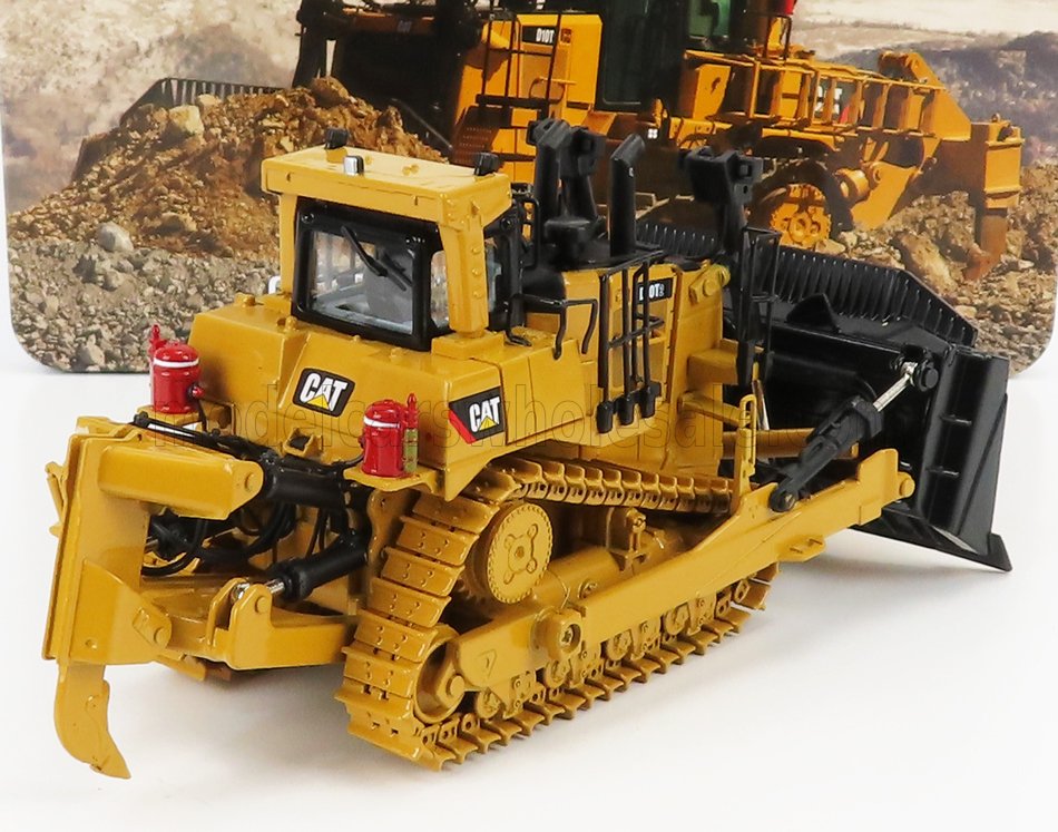 Modèle réduit détaillé d'un bulldozer CAT jaune avec lame avant et ripper arrière, présenté sur Vroomi.