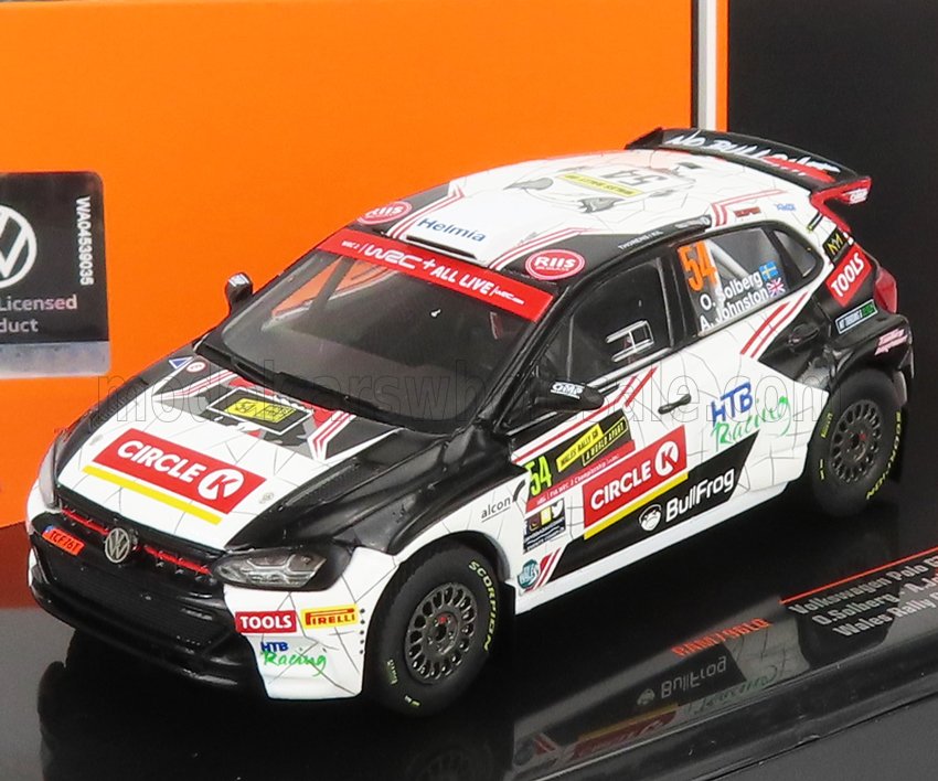 Modèle réduit de voiture de rallye Volkswagen Polo GTI avec les logos Circle K et BullFrog, numéroté 54, disponible sur Vroomi.