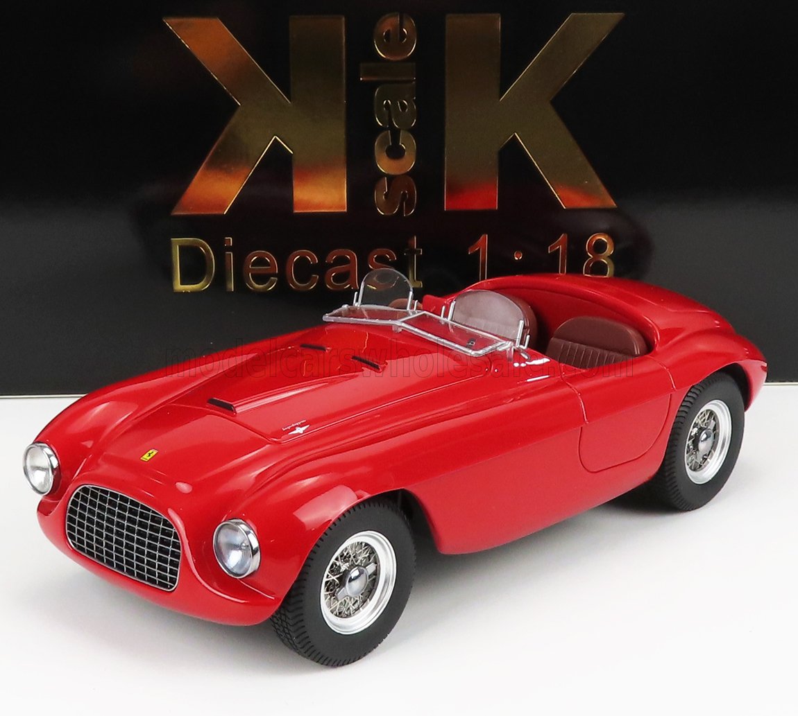 Modèle réduit Ferrari classique à l'échelle 1:18, couleur rouge, intérieur marron, disponible sur la plateforme Vroomi.