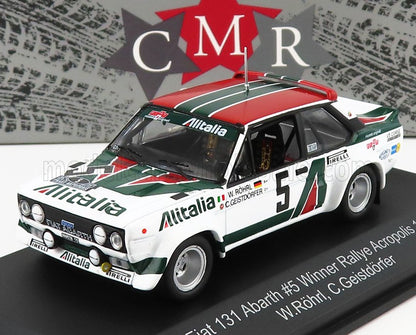 Modèle réduit de voiture de rallye Fiat 131 Abarth n° 5 aux couleurs d'Alitalia, présenté sur un socle, proposé par Vroomi.