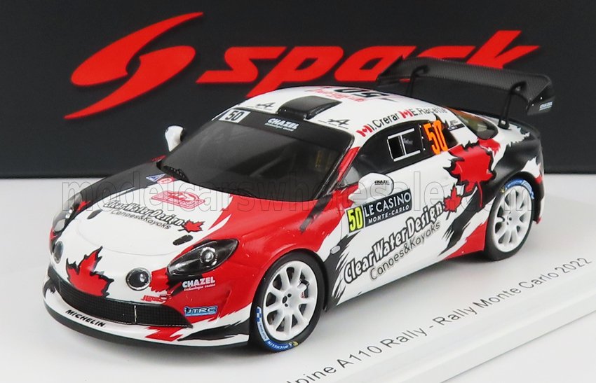 Modèle Alpine Rally Monte Carlo 2022 à l'échelle 1:43 avec motif feuille d'érable canadienne, disponible sur Vroomi