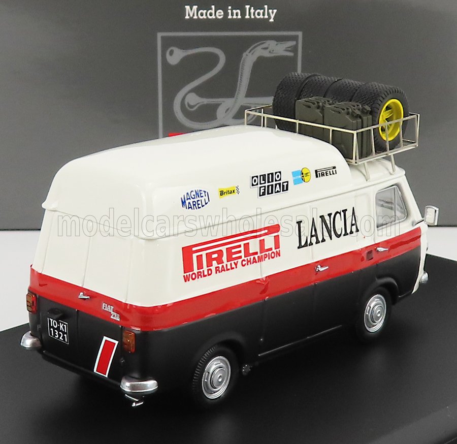 Modèle réduit de camionnette d'assistance rallye Lancia Fiat 238 avec logos Pirelli et pneus de secours sur le toit, disponible sur Vroomi.