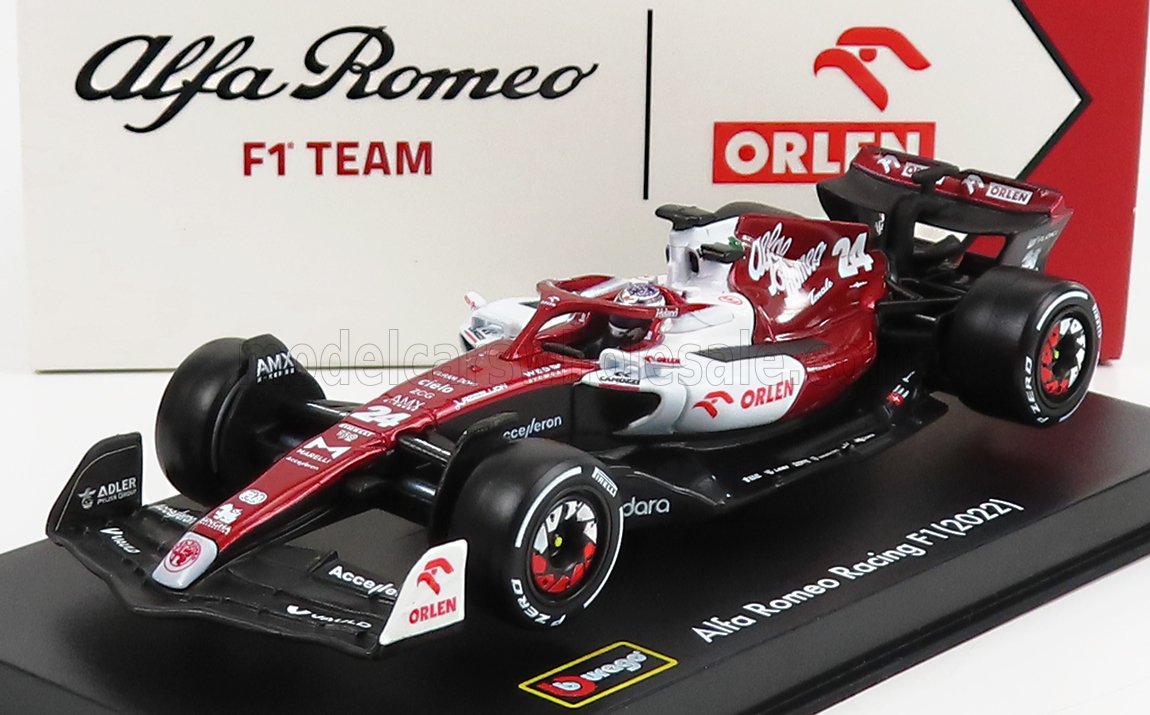 Modèle réduit Alfa Romeo Racing F1 2021 rouge et blanc avec logo Orlen, disponible sur Vroomi
