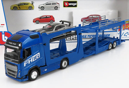 Camion porte-voitures Volvo FH16 bleu avec remorque métallique, présenté avec des voitures de sport, disponible sur la plateforme Vroomi.