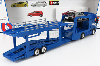 Camion transporteur de voitures bleu avec deux voitures de sport sur le pont supérieur, jouet de collection disponible sur Vroomi.