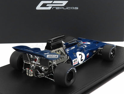 Modèle réduit de voiture de Formule 1 Tyrrell bleue avec pneus Goodyear et numéro 2, disponible chez Vroomi.