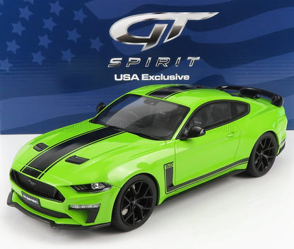 Modèle réduit GT Spirit 5.0 Mustang vert lime vif avec bandes noires, édition exclusive pour les États-Unis disponible chez Vroomi.
