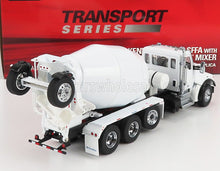 Camion modèle réduit Kenworth blanc avec malaxeur à béton de la série Transport, disponible sur la plateforme Vroomi.