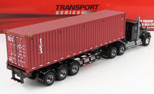 Camion semi-remorque noir avec une remorque porte-conteneurs rouge de 40 pieds Tex sur une surface blanche, présenté sur Vroomi.