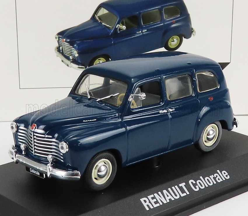 Modèle réduit vintage Renault Colorale bleu présenté sur une plateforme d'exposition, disponible à la vente sur Vroomi.