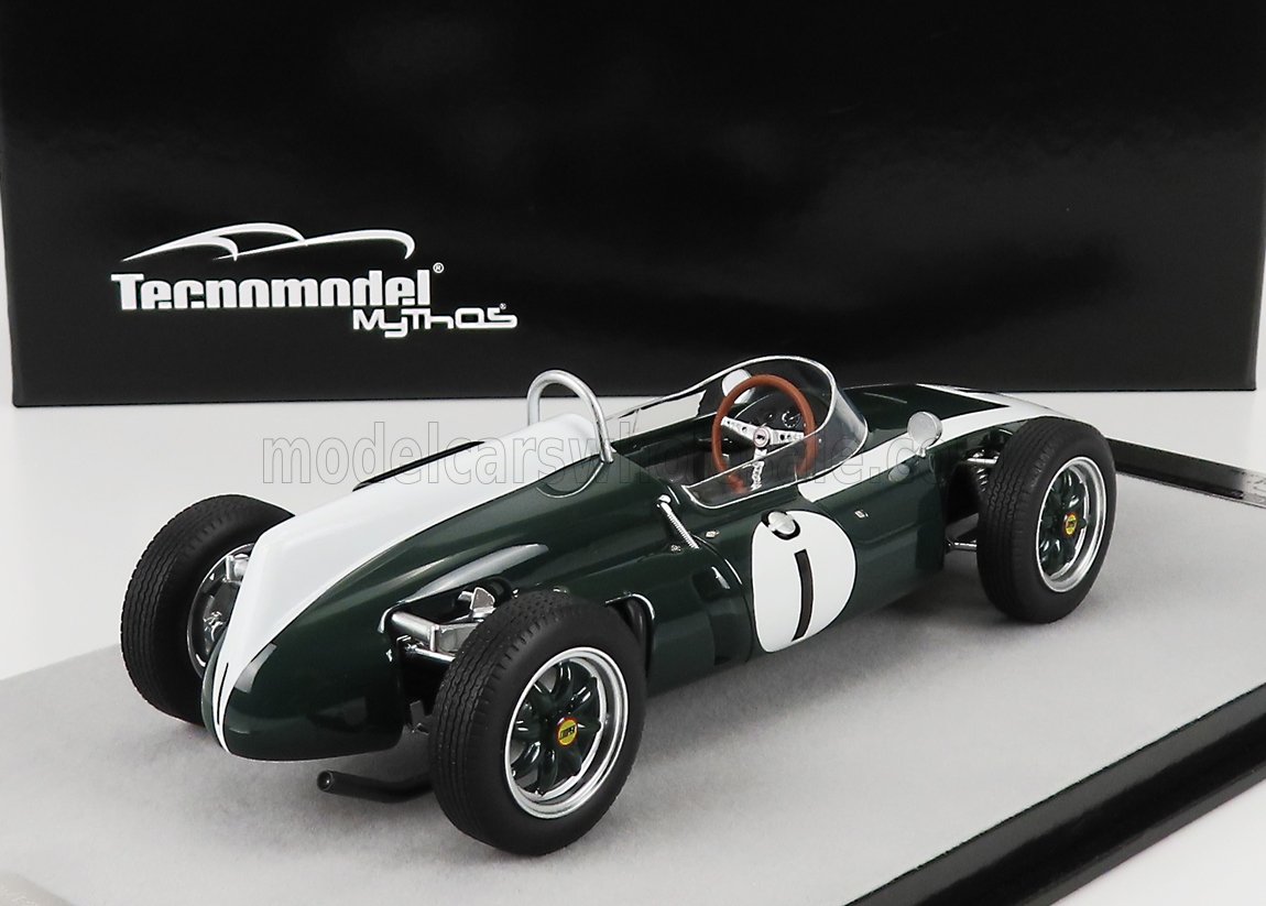 Modèle réduit de voiture de course vintage Tecnmodel Mythos à l'échelle 1:18, vert foncé et blanc, disponible sur Vroomi.
