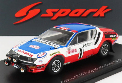 Modèle réduit Alpine Rally Monte Carlo 1976 à l'échelle 1:43, bleu, blanc et rouge, avec logos des sponsors, disponible sur Vroomi.