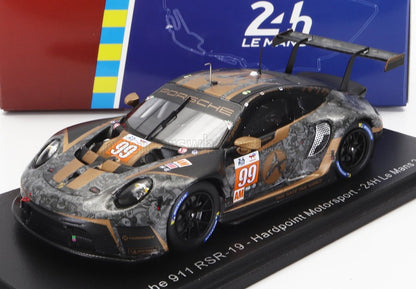 Porsche 911 RSR-19 race car model with black and gold livery, #99 Hardpoint Motorsport, 24h Le Mans replica available on Vroomi