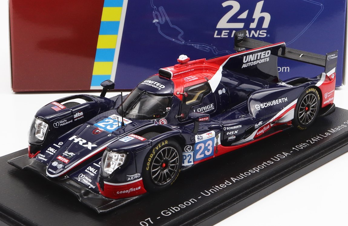 Modèle réduit à l'échelle 1:43 de la voiture de course Gibson LMP2 n° 23 de United Autosports USA, participante à la 10e édition des 24 Heures du Mans, disponible sur Vroomi.