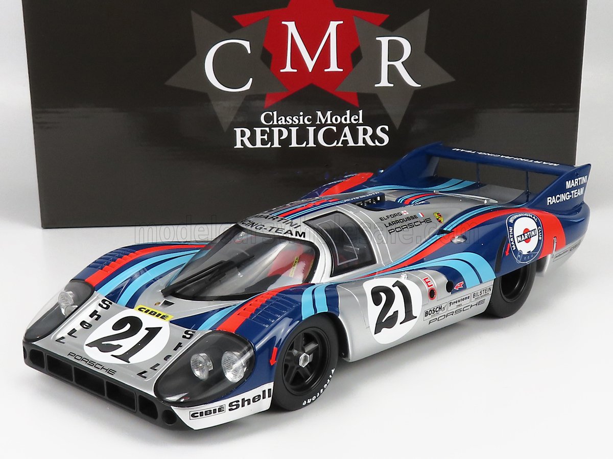 Modèle réduit détaillé de la voiture de course Porsche 917 avec livrée Martini Racing, disponible sur Vroomi en tant que réplique classique.