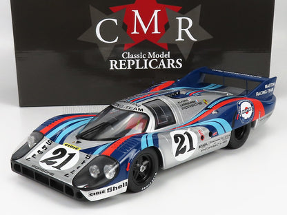 Modèle réduit détaillé de la voiture de course Porsche 917 avec livrée Martini Racing, disponible sur Vroomi en tant que réplique classique.