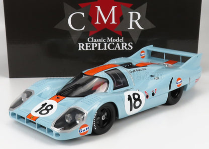 Modèle réduit de voiture de course Porsche 917K Gulf classique, bleu et orange, par Classic Model Replicars, disponible sur Vroomi.