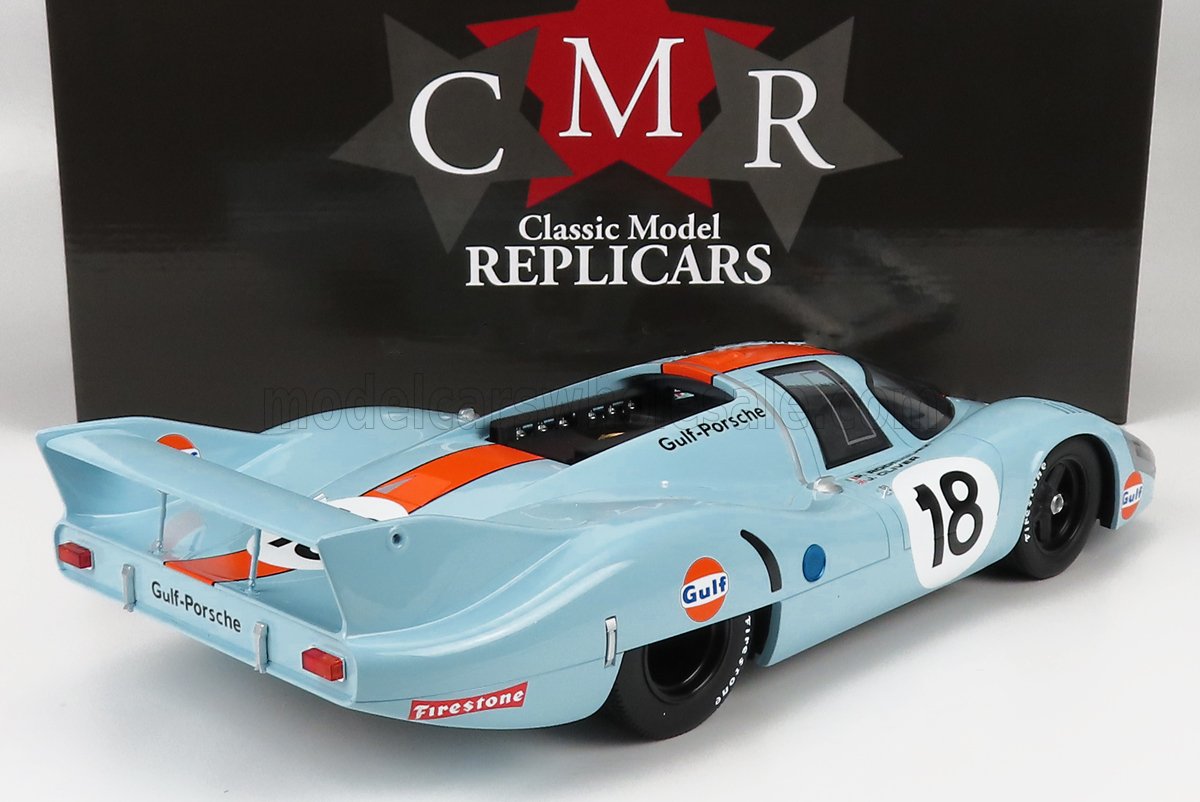 Modèle réduit classique Gulf-Porsche 917 aux couleurs bleu et orange, disponible sur Vroomi