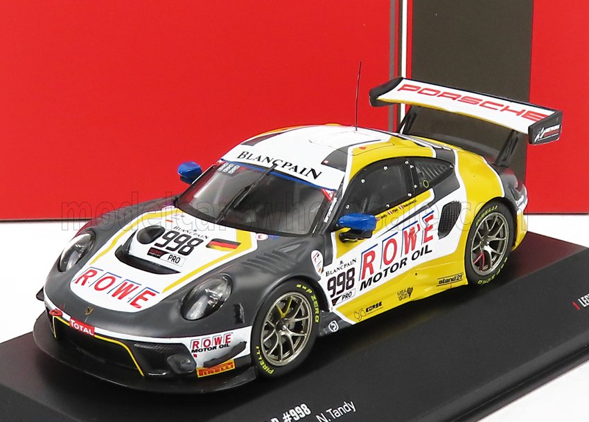 Maquette de la voiture de course Porsche 911 GT3 R avec livrée ROWE Motor Oil, disponible sur Vroomi