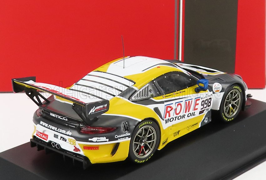 Modèle réduit de voiture de course ROWE Motor Oil jaune et blanc 998 sur socle d'exposition, proposé sur Vroomi