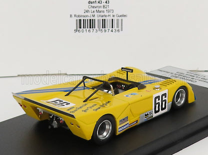Voiture de course vintage Chevron B21 jaune, numéro 66, datant du Mans 1973, présentée avec des autocollants de course, mise en avant sur la plateforme Vroomi.