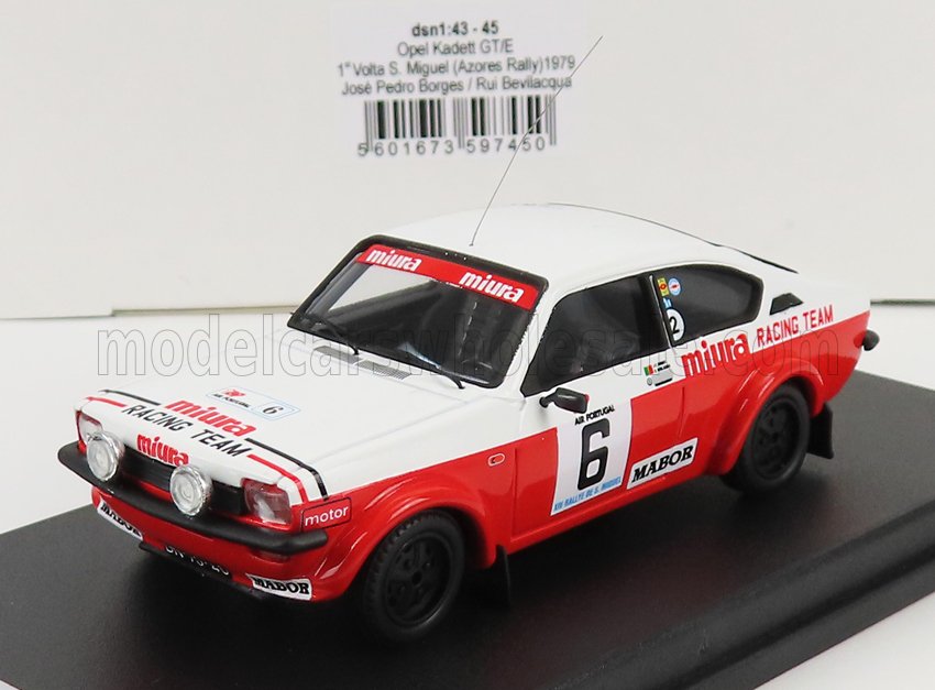 Modèle réduit de voiture de rallye Opel Kadett GT/E à l'échelle 1:43, rouge et blanc, livrée Miura Racing Team, disponible sur Vroomi.
