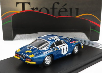 Modèle réduit de voiture de course Alpine bleue n° 11 avec autocollants des sponsors, présenté sur un socle noir, disponible sur Vroomi.