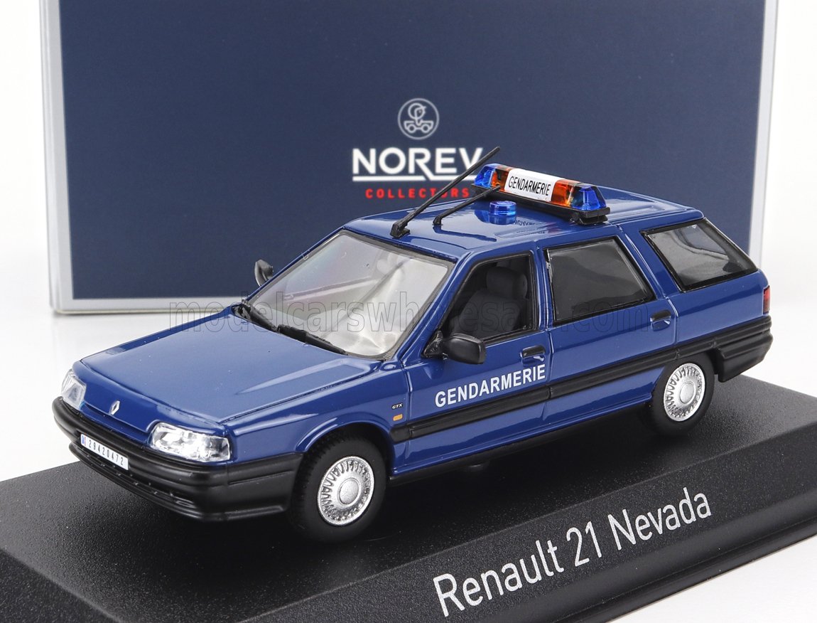 Modèle réduit Renault 21 Nevada Gendarmerie bleu avec rampe lumineuse sur le toit, présenté par Norev, disponible sur Vroomi.